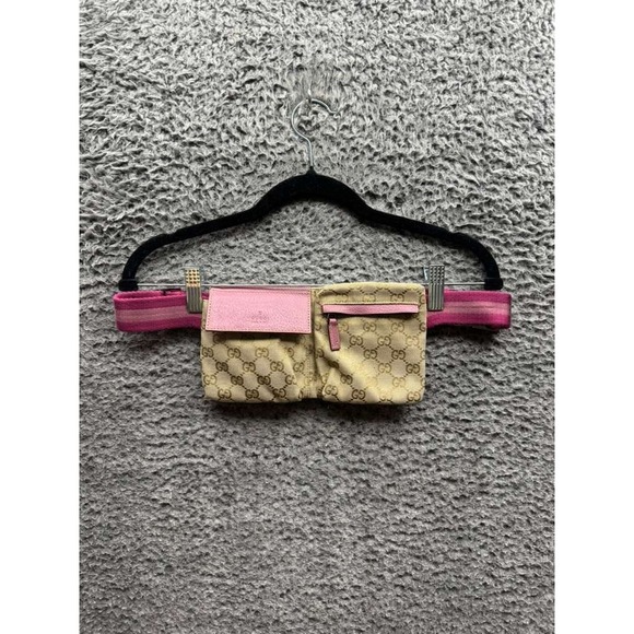 Gucci Womens GG Canvas Leather Web Double Pocket Waist Belt Bag Beige Pink